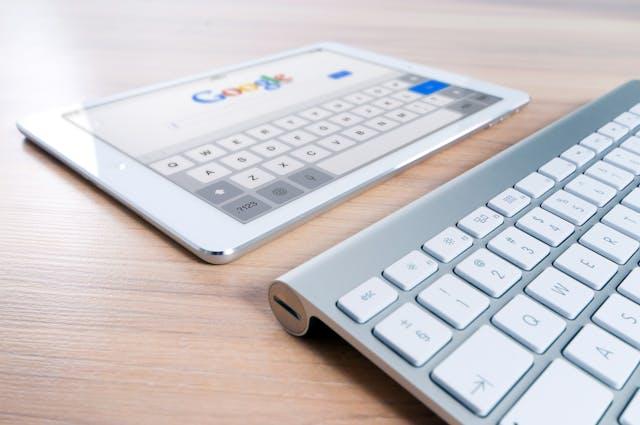 tablet with a search engine on the screen, with a keyboard